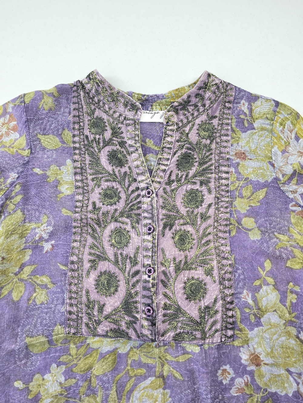 Vintage GOA Sheer Cotton Embroidered Floral Blouse Roll Tab Sleeves Size M - Picture 4 of 8